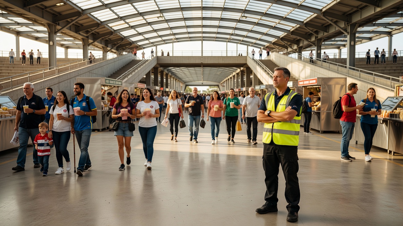 Steward observing a busy but orderly stadium concourse in natural light
