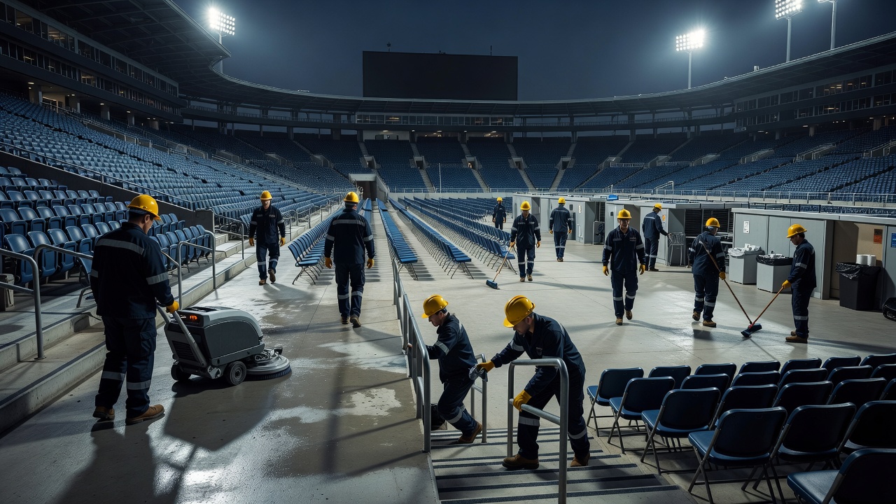 Facilities staff preparing a public stadium area before visitors arrive
