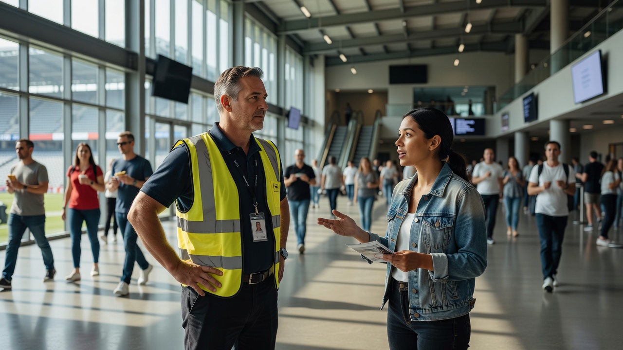 A stadium steward listening to an attendee in a bright public concourse